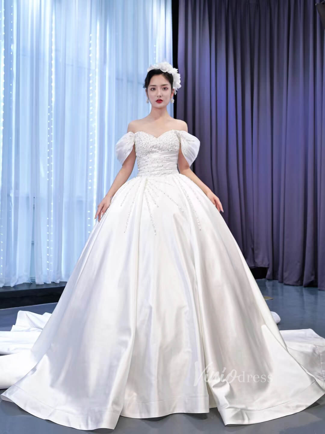 Pearl Beaded Luxury Arabic Wedding Dress Off the Shoulder Bridal Gown – Viniodress
