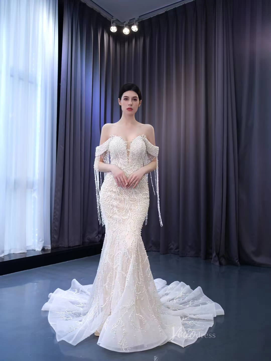 Pearl Mermaid Wedding Dresses Off the Shoulder Bridal Dress 222173 – Viniodress