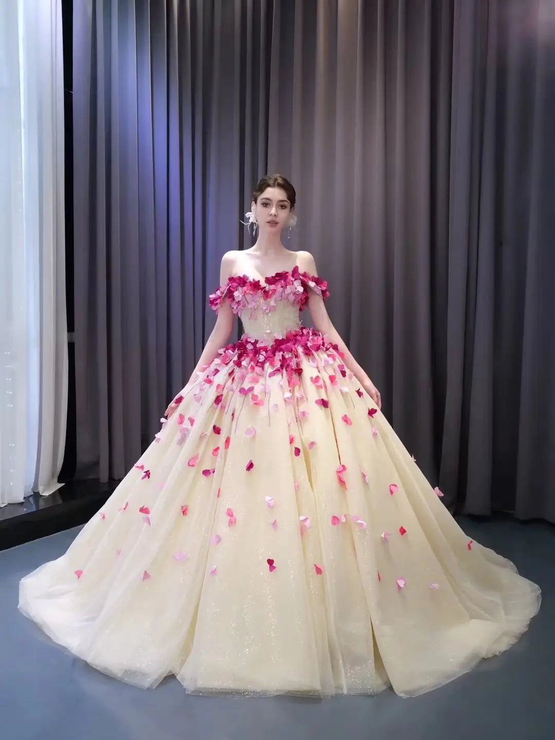 pink champagne quinceanera dresses 3D floral Off the Shoulder Debutante Gowns 23 – Viniodress your source for the Color:Vintage Violet ruffle dress with cap Collection_2019
