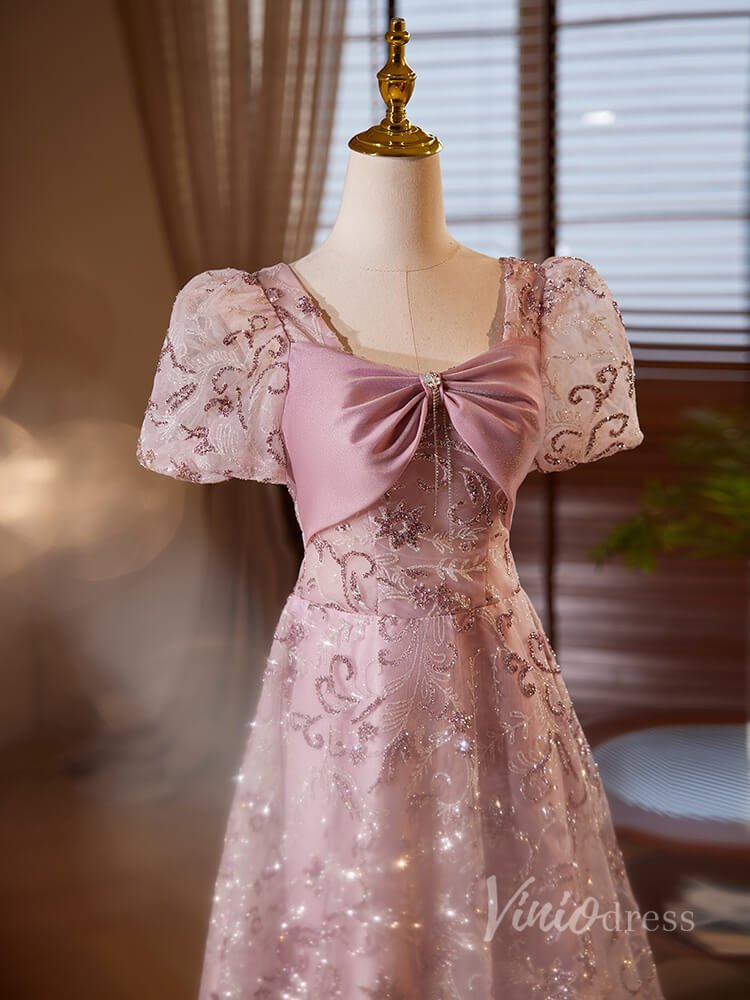 Pink Beaded Lace Prom Dresses Puffed Sleeve Bow-Tie 90062-prom dresses 2025 -Viniodress-Pink-Custom Size-