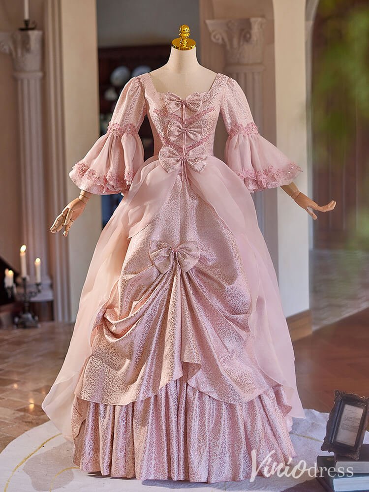 Pink Bow Tie Vintage Ball Gown Puffed Sleeve Lacy Princess Dress AD130 – Viniodress
