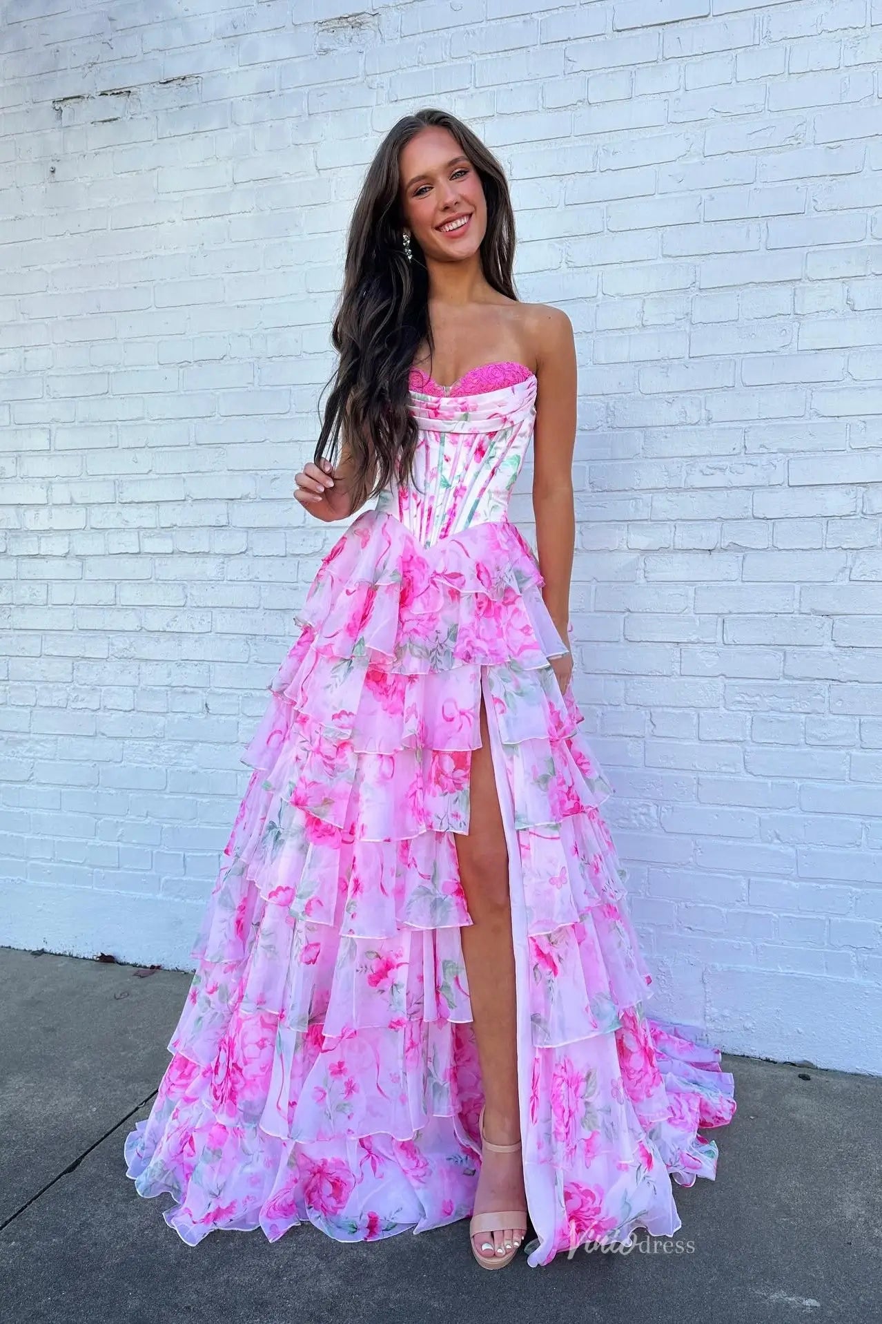 pink floral corset dress Prom Dresses Strapless Tiered Ruffle Gowns with Sli – Viniodress Corset bodice with vertical Prom Dress | Formal Size:40x30 Best Sellers NH Week 38