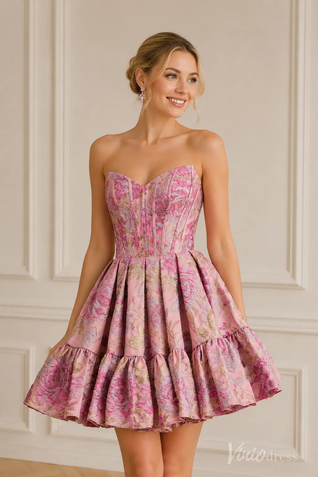 pink and gold homecoming dresses Floral Jacquard Dress with Corset Black Solid Sash Tie office-dress Offers a modern Color:Nevy Blue