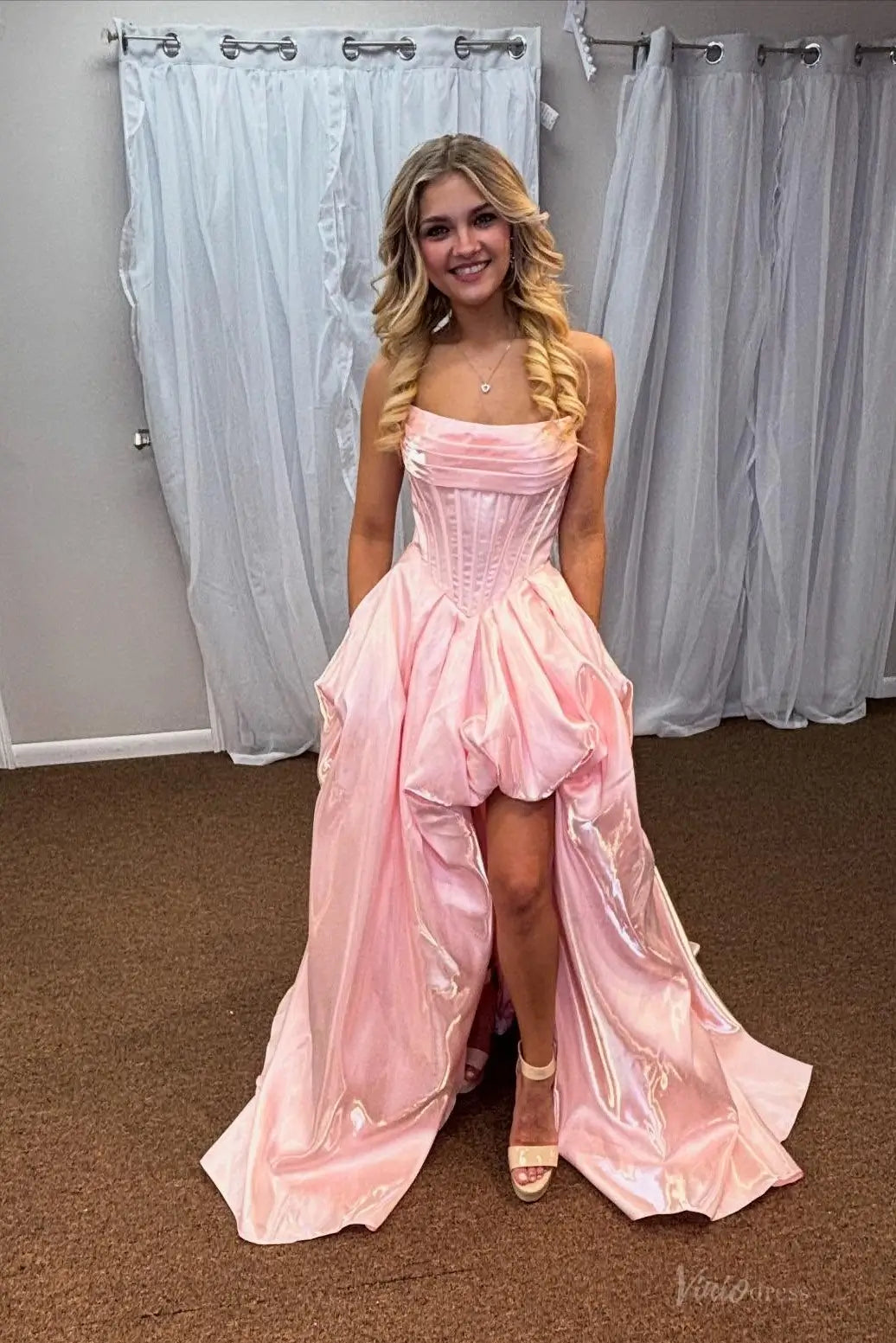 Pink High-Low Satin Prom Dress with Bubble Hem & Corset Bodice – AS069 – Viniodress