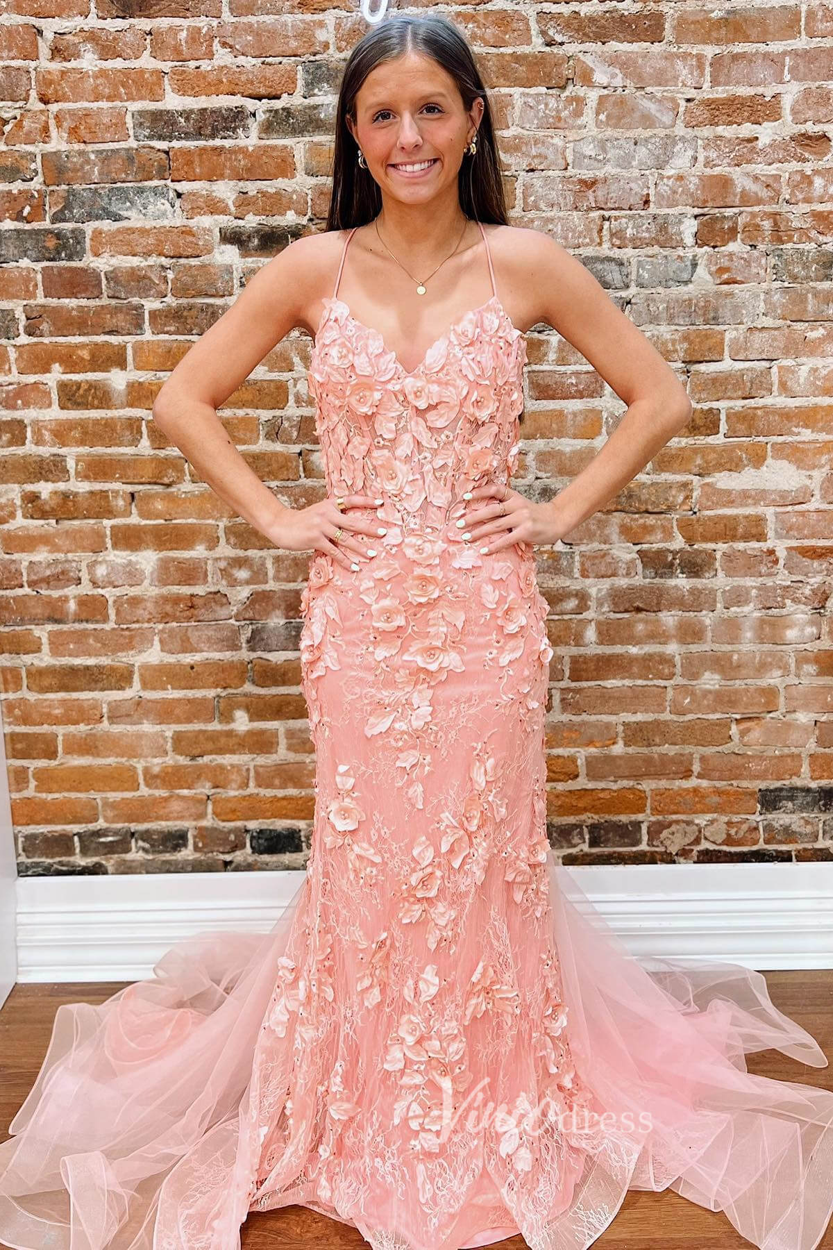 Pink Mermaid 3D Flower Lace Applique Prom Dress with Spaghetti Strap FD3474