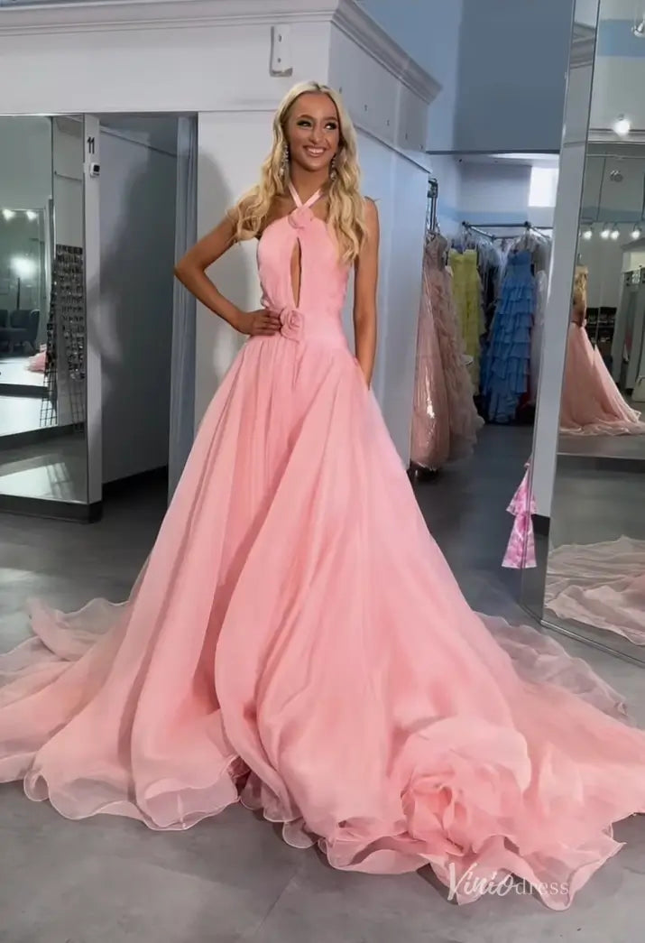 Pink Chiffon Ball Gown Prom Dress with Halter Neck and Keyhole – FD5189 – Viniodress