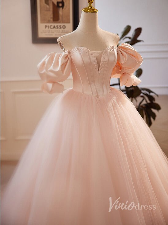 Pink Puffed Sleeve Prom Dresses Boned Boidce Sweetheart Neck Quinceanera Dress 90031-prom dresses 2025 -Viniodress-Pink-Custom Size-