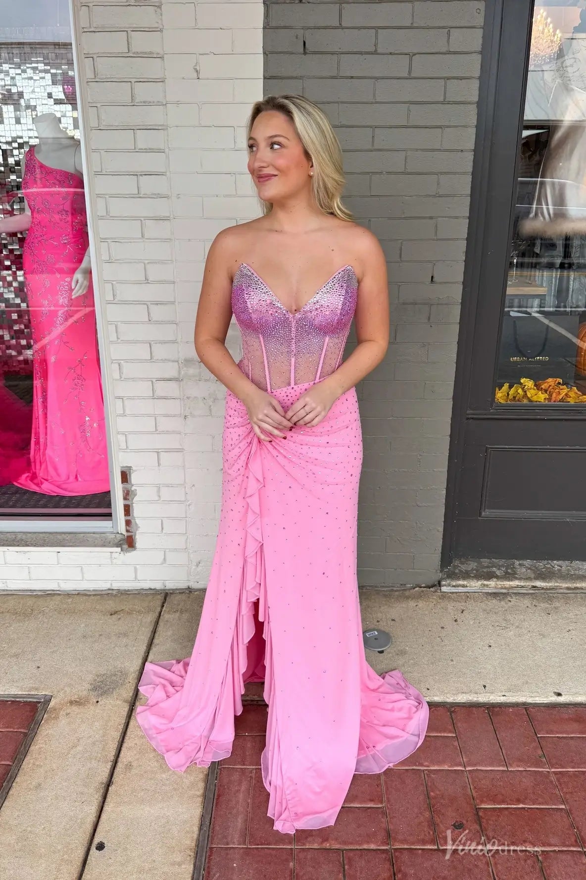 Pink Rhinestone Corset Prom Dress with Sheer Boning & High Slit – SS303 – Viniodress