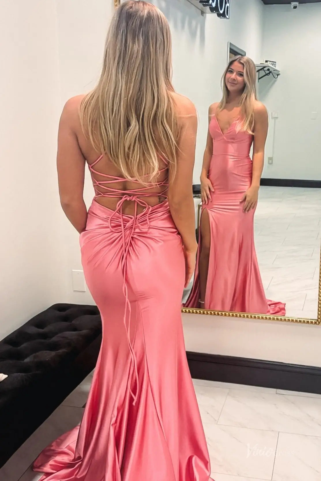 Pink Satin Mermaid Prom Dress, Lace-Up Back & High Slit – SS383 – Viniodress