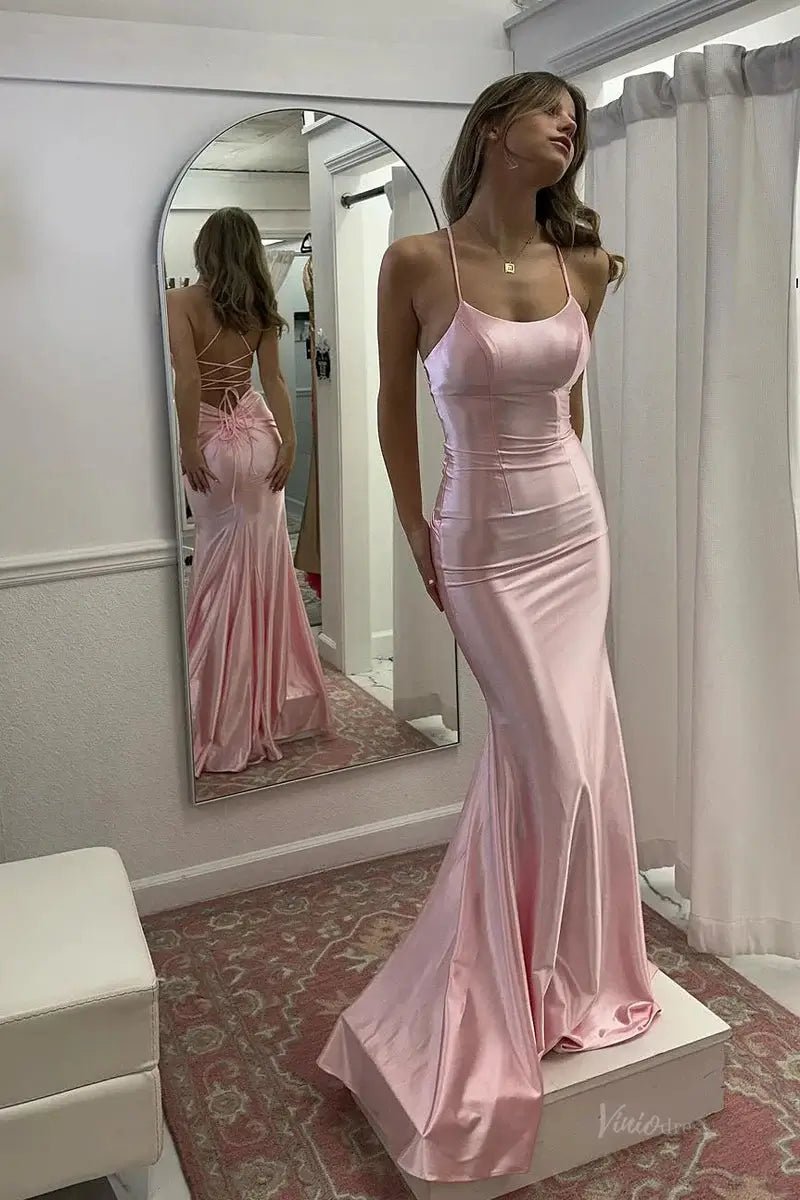 Pink Satin Mermaid Prom Dresses 2025 with Spaghetti Strap & Lace Up Ba – Viniodress
