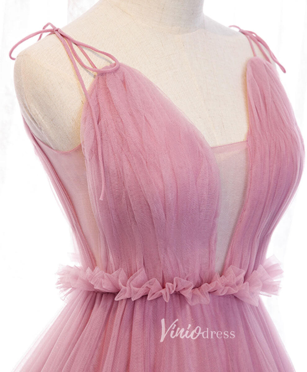 Pink Spaghetti Strap Prom Dresses Plunging V-Neck Pleated Evening Dress FD3165-prom dresses 2025 -Viniodress-Pink-Custom Size-