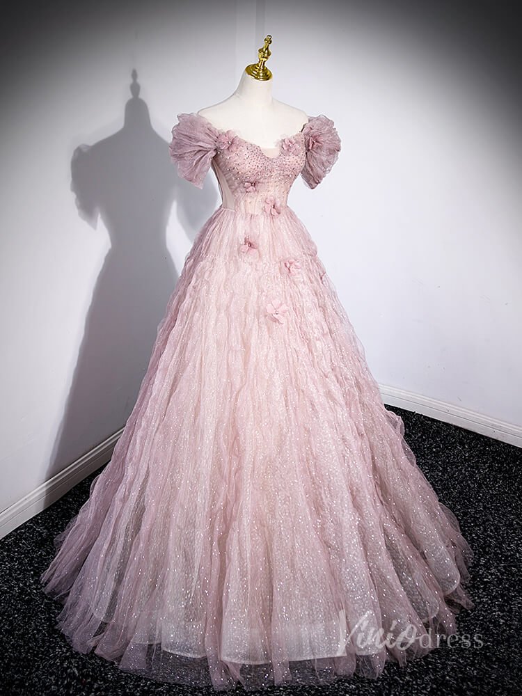 Pink Sparkly Beaded Pleated Tulle Prom Dresses 3D Flower Off the Shoulder 90023-prom dresses 2025 -Viniodress-Pink-Custom Size-