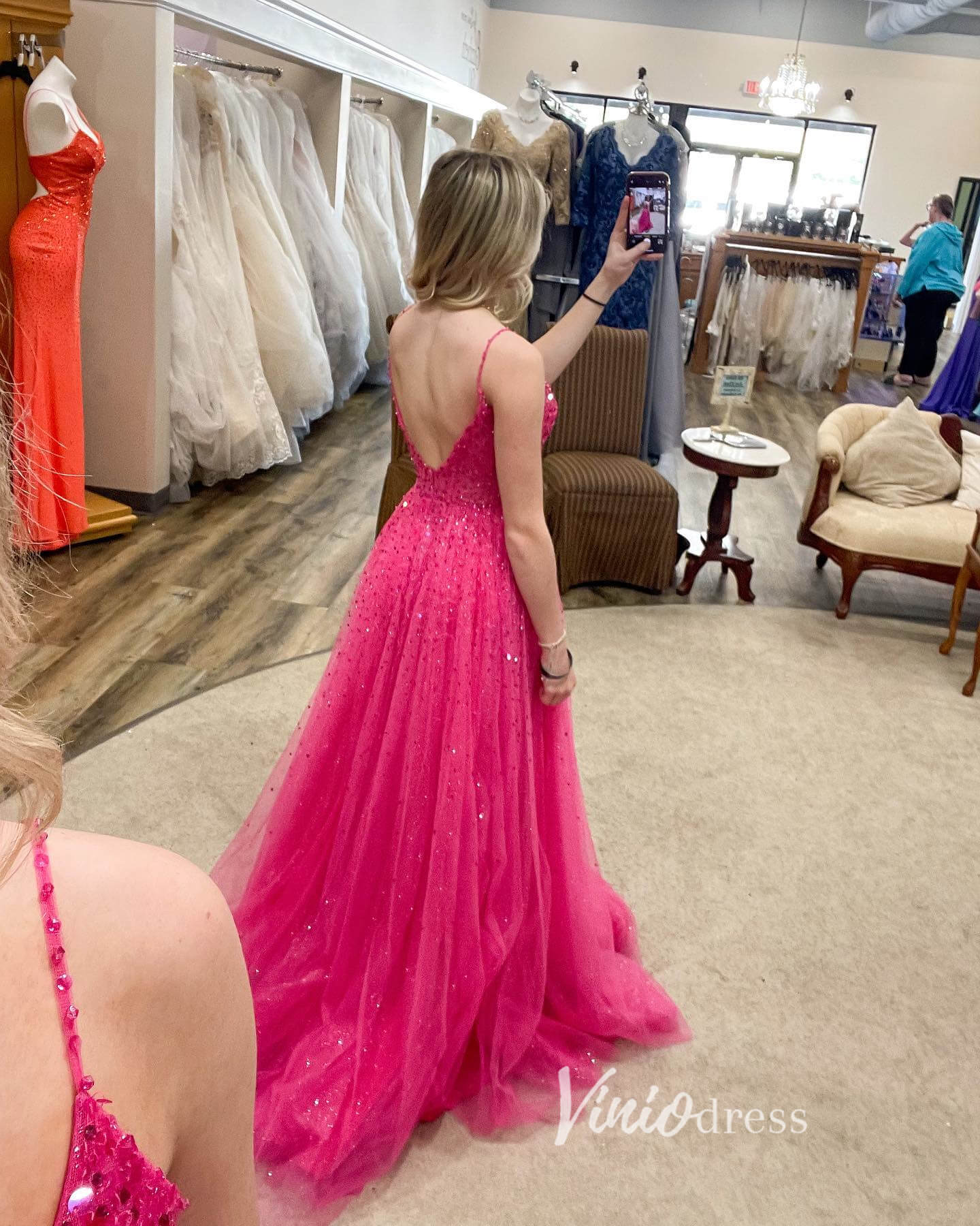 Pink Sparkly Tulle Prom Dresses Spaghetti Strap Evening Dress FD3334-prom dresses 2025 -Viniodress-Pink-Custom Size-