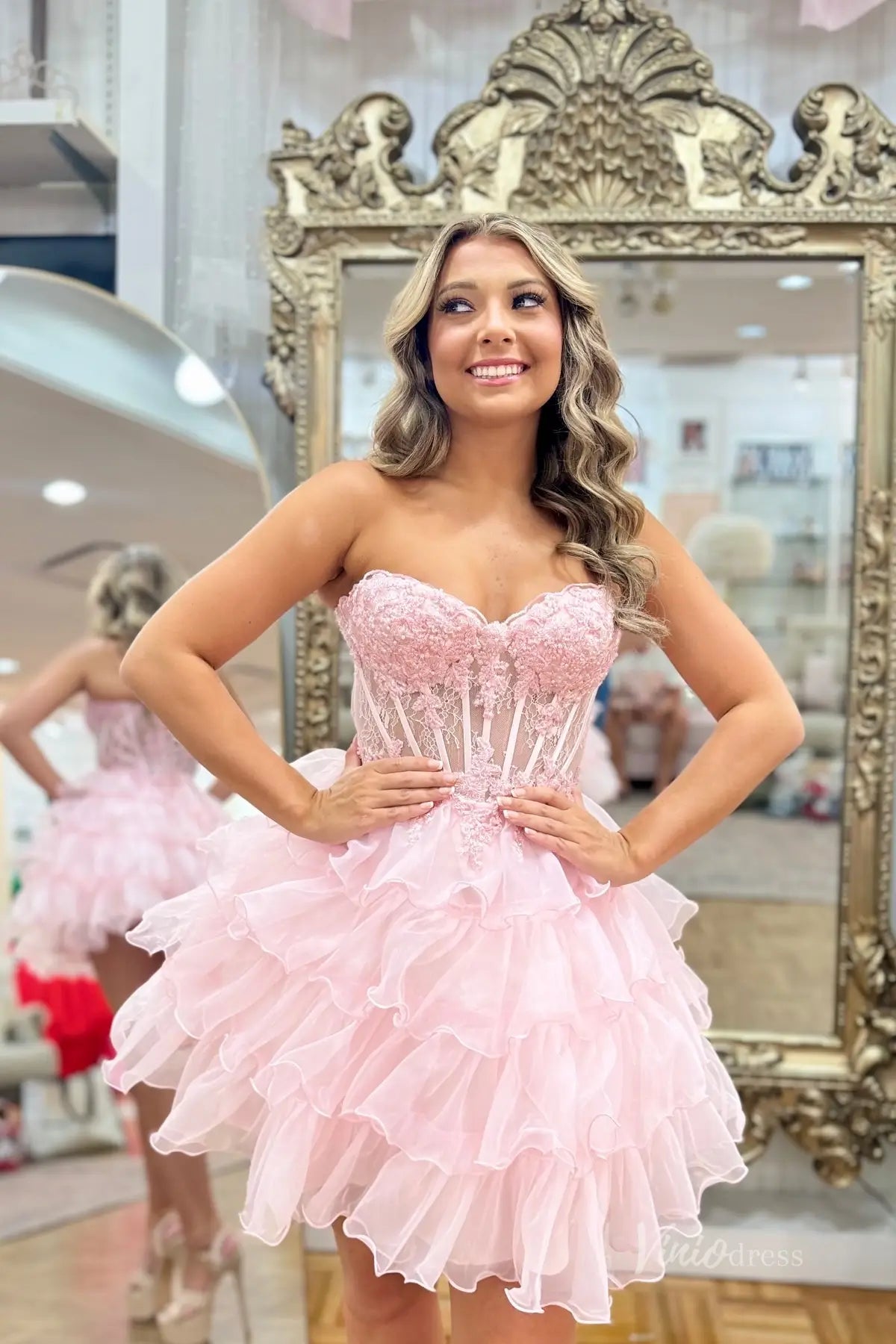 Pink Strapless Homecoming Dress with Lace Corset Bodice and Ruffled Or – Viniodress