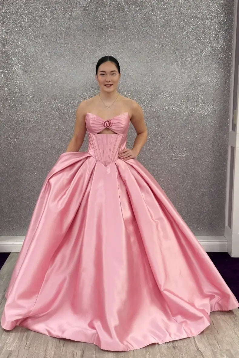 Pink Ball Gown Prom Dress with Rosette Bow & Basque Waist – AS060 – Viniodress