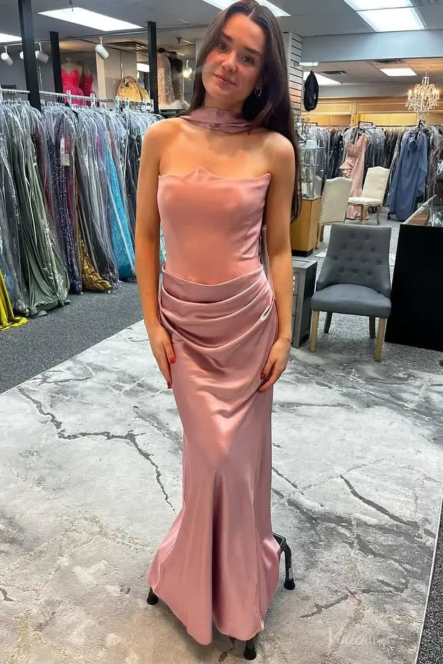Pink Strapless Satin Prom Dress with Draped Ruched Skirt & Neck Scarf – SS215