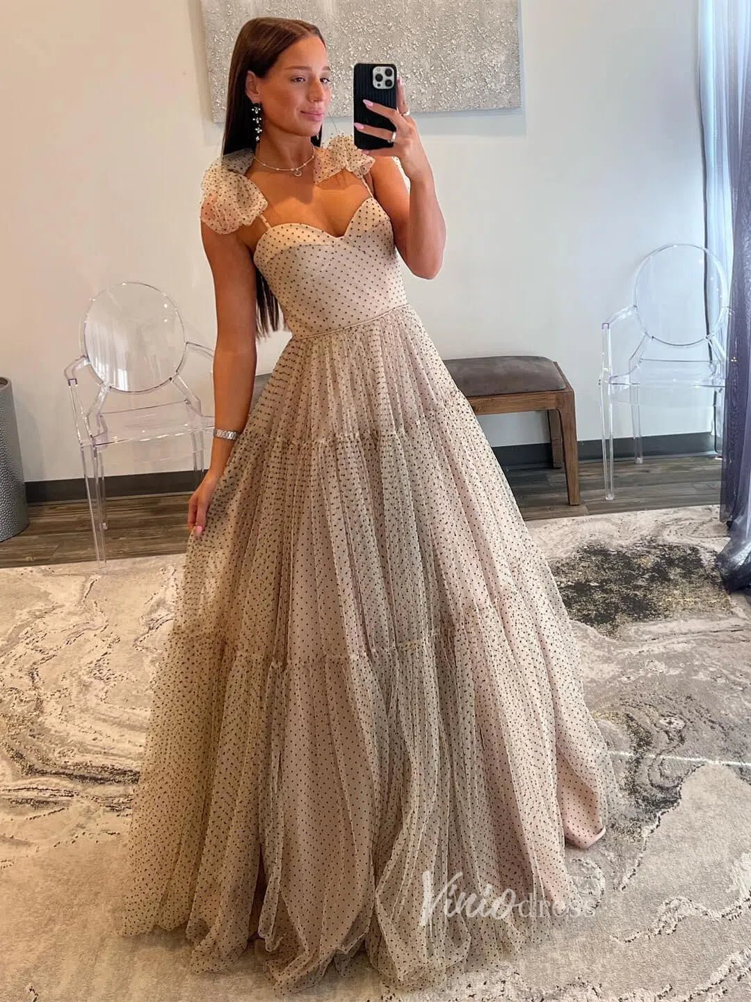 Pretty Dotted Tulle Prom Dresses Bow-Tie Spaghetti Strap Formal Dress – Viniodress