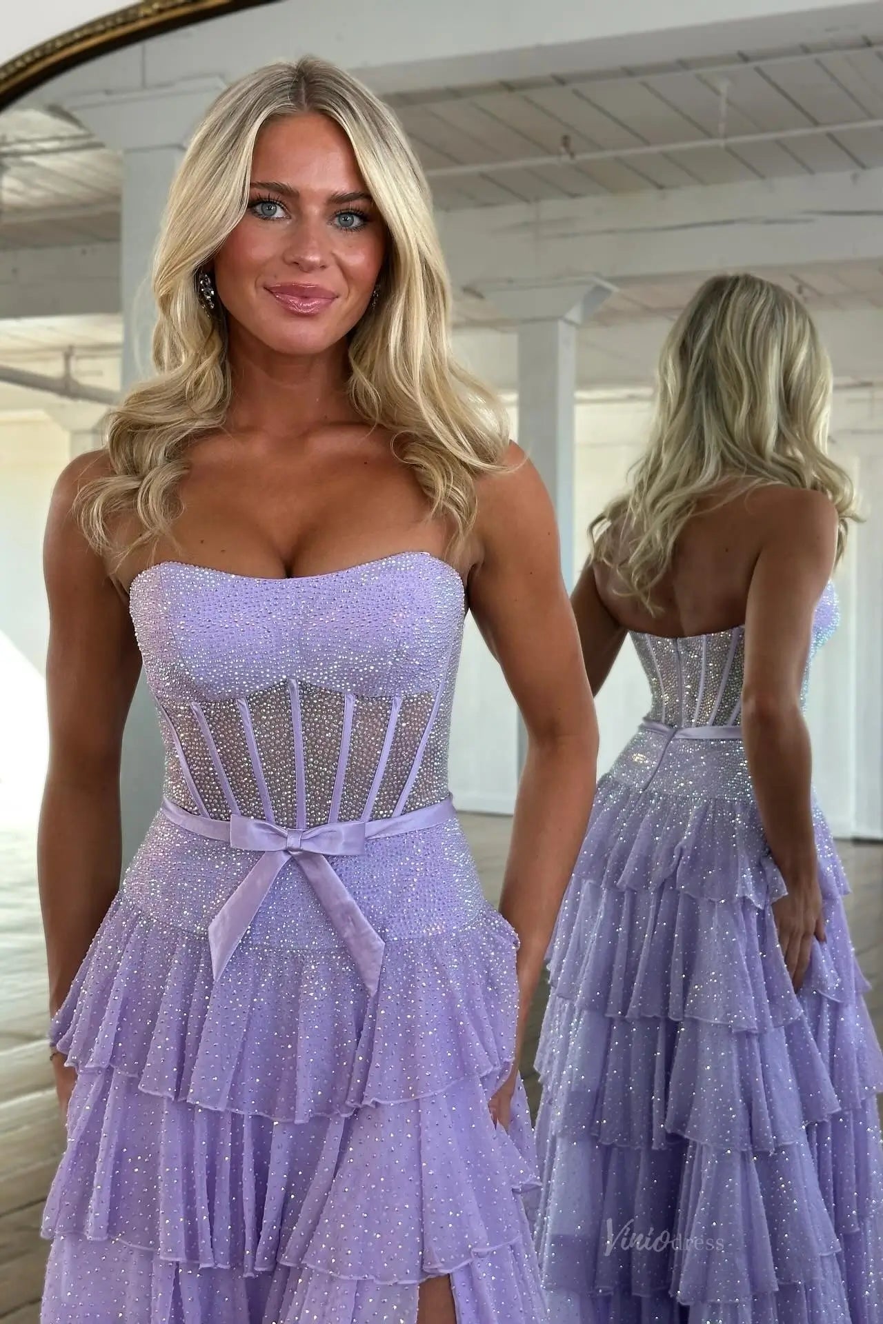 Sparkly Ruffled Prom Dresses Strapless Corset Tiered Evening Gown with Slit RF096