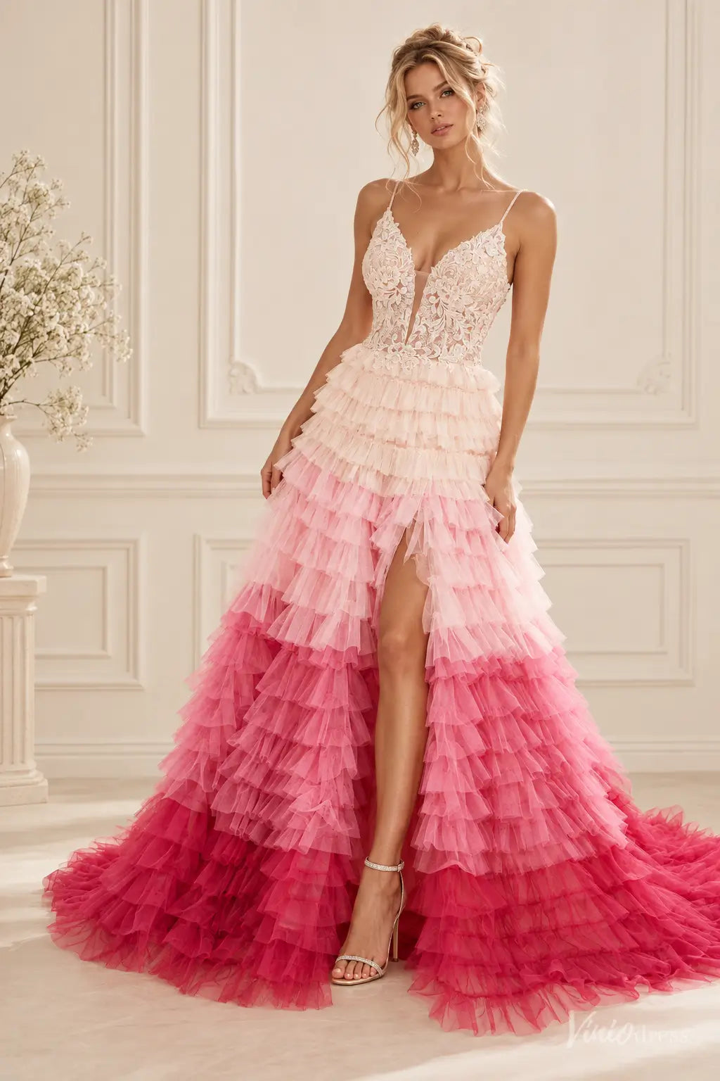 Ombre Ruffled Tulle Prom Dresses with Lace Bodice, High Slit & Spagehtti Straps RF511