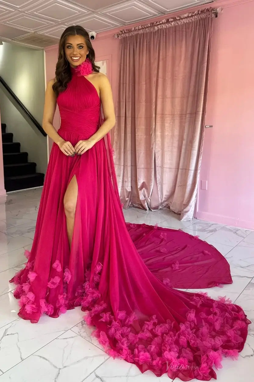 Raspberry 3D Floral Chiffon Pageant Gown with High Slit – PG020 – Viniodress