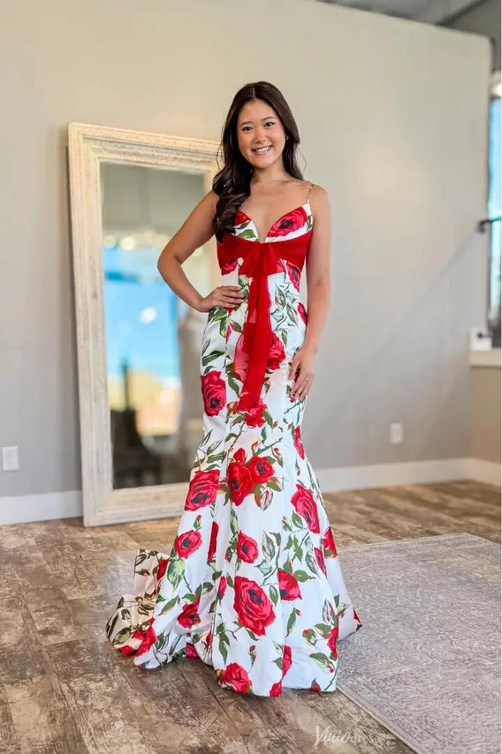 Red Rose Print Mermaid Prom Dress with Front Bow Sash – SS311 – Viniodress