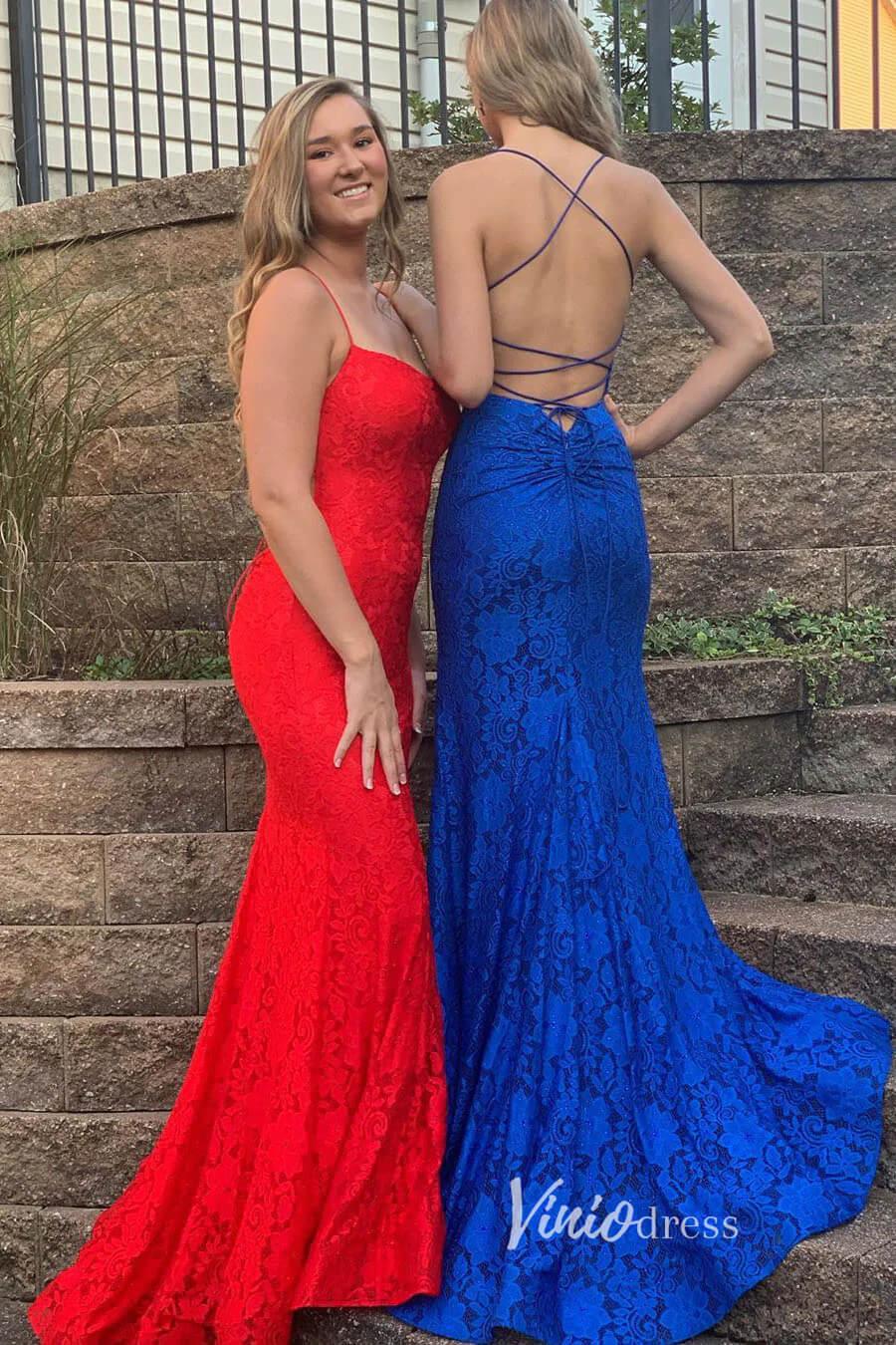 Red Lace Applique Prom Dresses Mermaid Spaghetti Strap Evening Dress F – Viniodress
