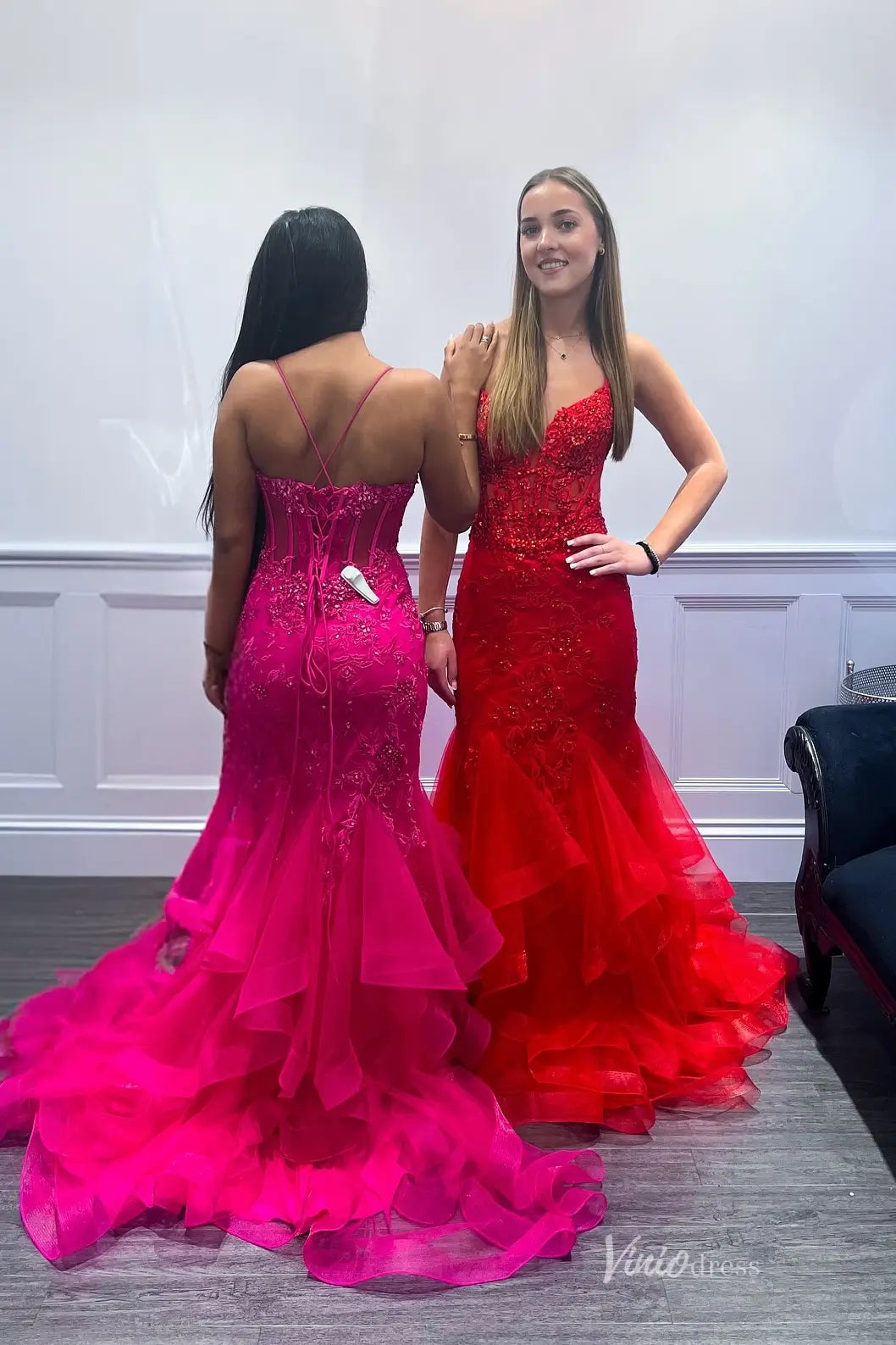 Red Lace Corset Mermaid Prom Dress with Tulle Ruffle Hem – RF107 – Viniodress