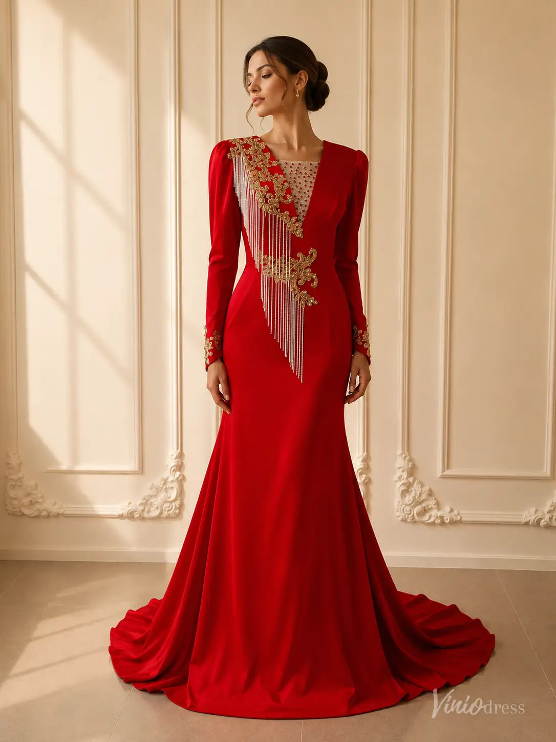 Red Long Sleeve Evening Dresses Beaded Lace V-Neck Mother of the Bride – Viniodress