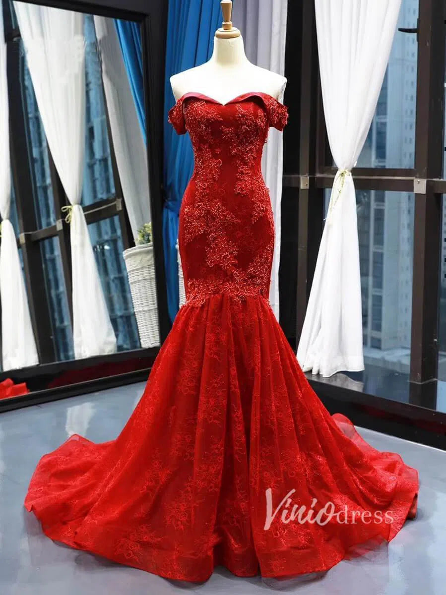 Red Mermaid Lace Prom Dresses Off Shoulder Trumpet Prom Gowns FD1273 – Viniodress