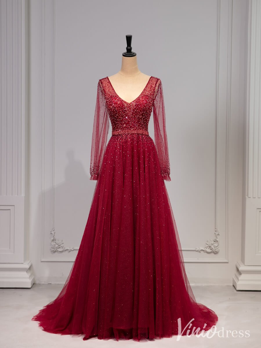 Red Pearl Long Sleeve Prom Dresses V-Neck Tulle Formal Dress AD1331 – Viniodress