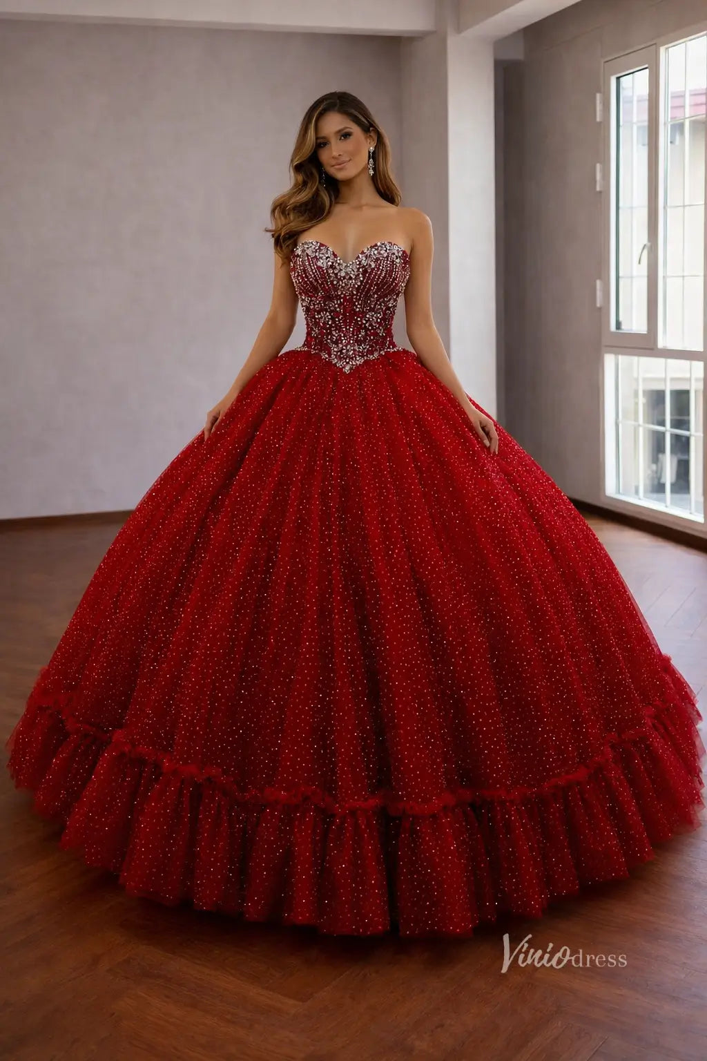 Red Rhinestone Strapless Quinceañera Ball Gown Dress – QC008 – Viniodress