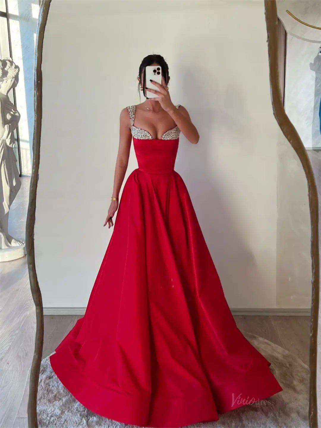 Red Satin A-Line Prom Dresses 2025 Beaded Neckline Formal Gown FD5246 – Viniodress