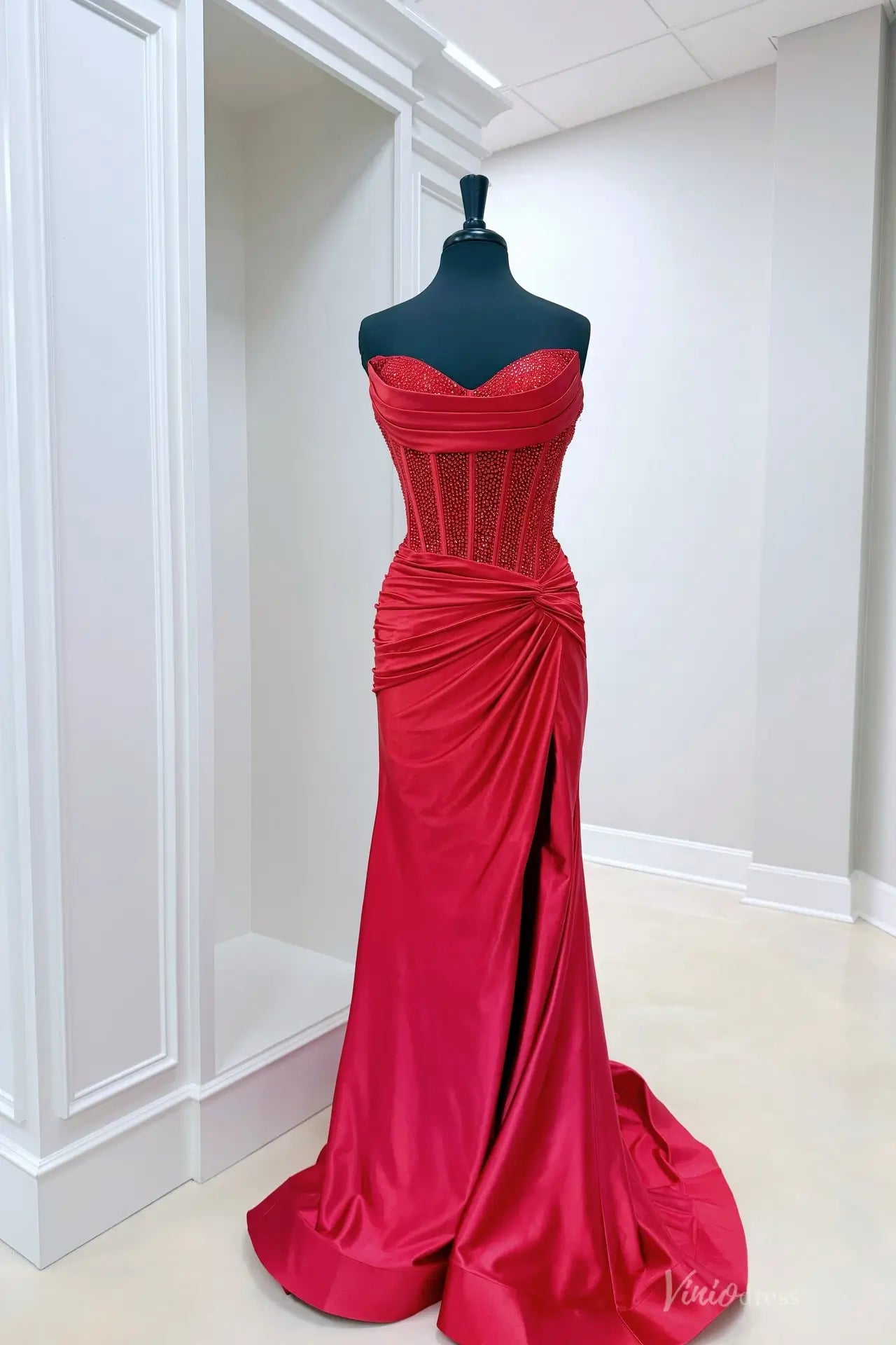 Red Satin Prom Dress with Beaded Corset Bodice & Sweetheart Neck – SS133 – Viniodress