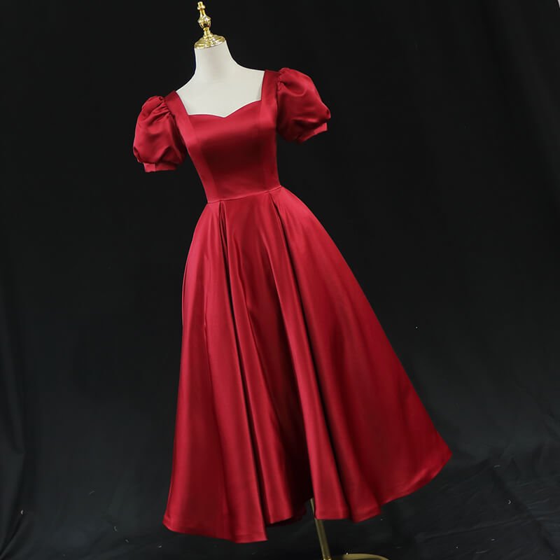 Red Satin Midi Prom Dresses with Short Puffed Sleeves, Pockets & Corset Back SD1392-Homecoming Dresses 2025 -Viniodress-Red-Custom Size-