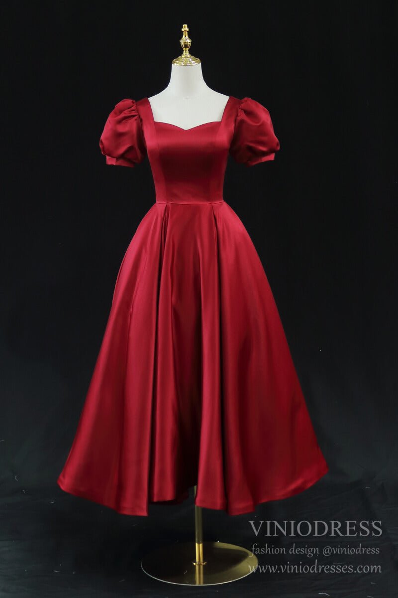 Red Satin Midi Prom Dresses with Short Puffed Sleeves, Pockets & Corse – Viniodress