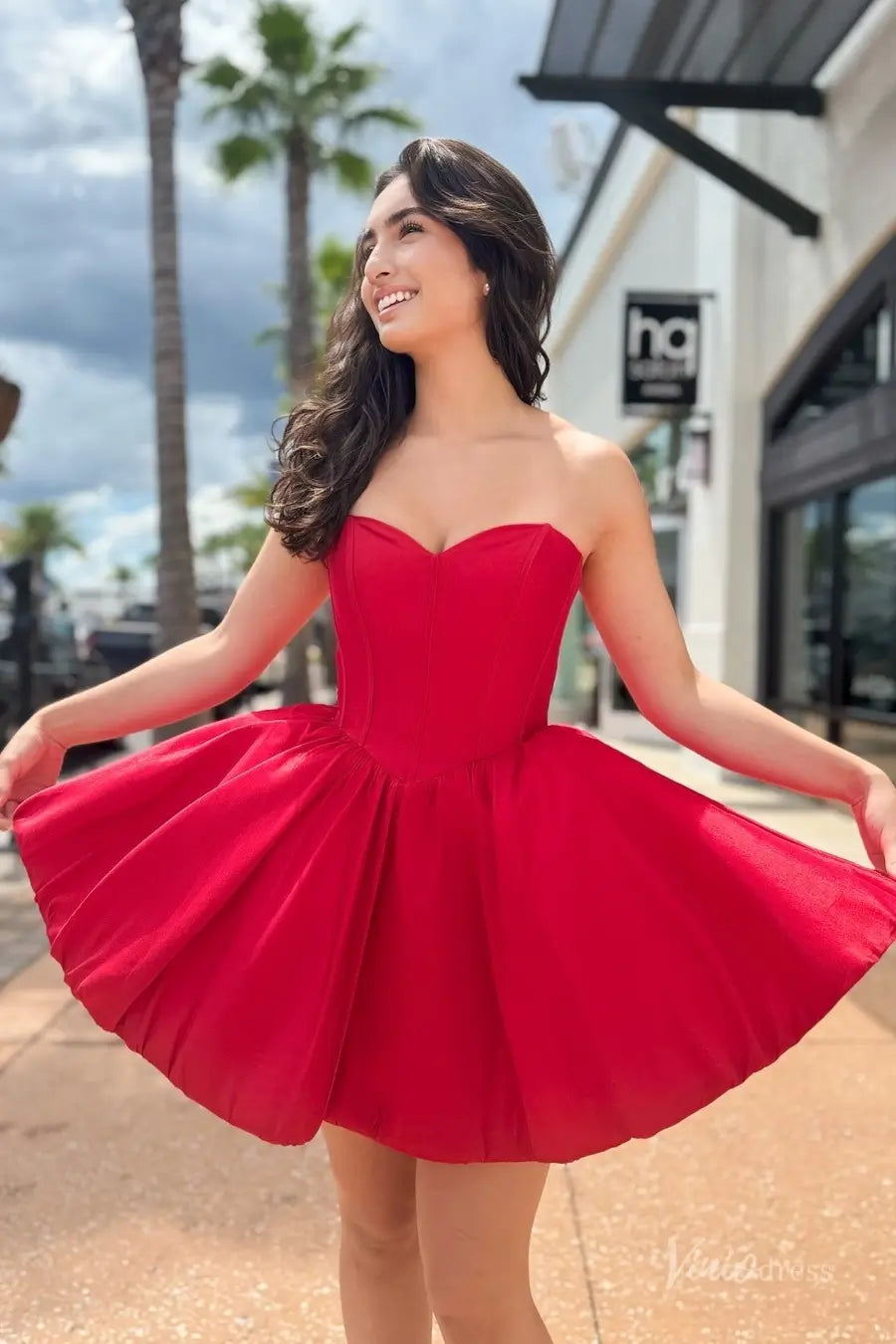 Red Satin Strapless Homecoming Dress with Corset Bodice & Bubble Skirt – H1162 – Viniodress