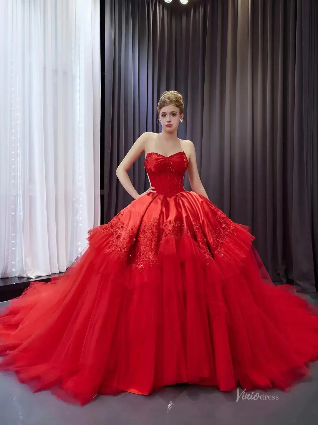 Red Strapless Ball Gown with Tulle Skirt & Lace Corset – 251014 – Viniodress