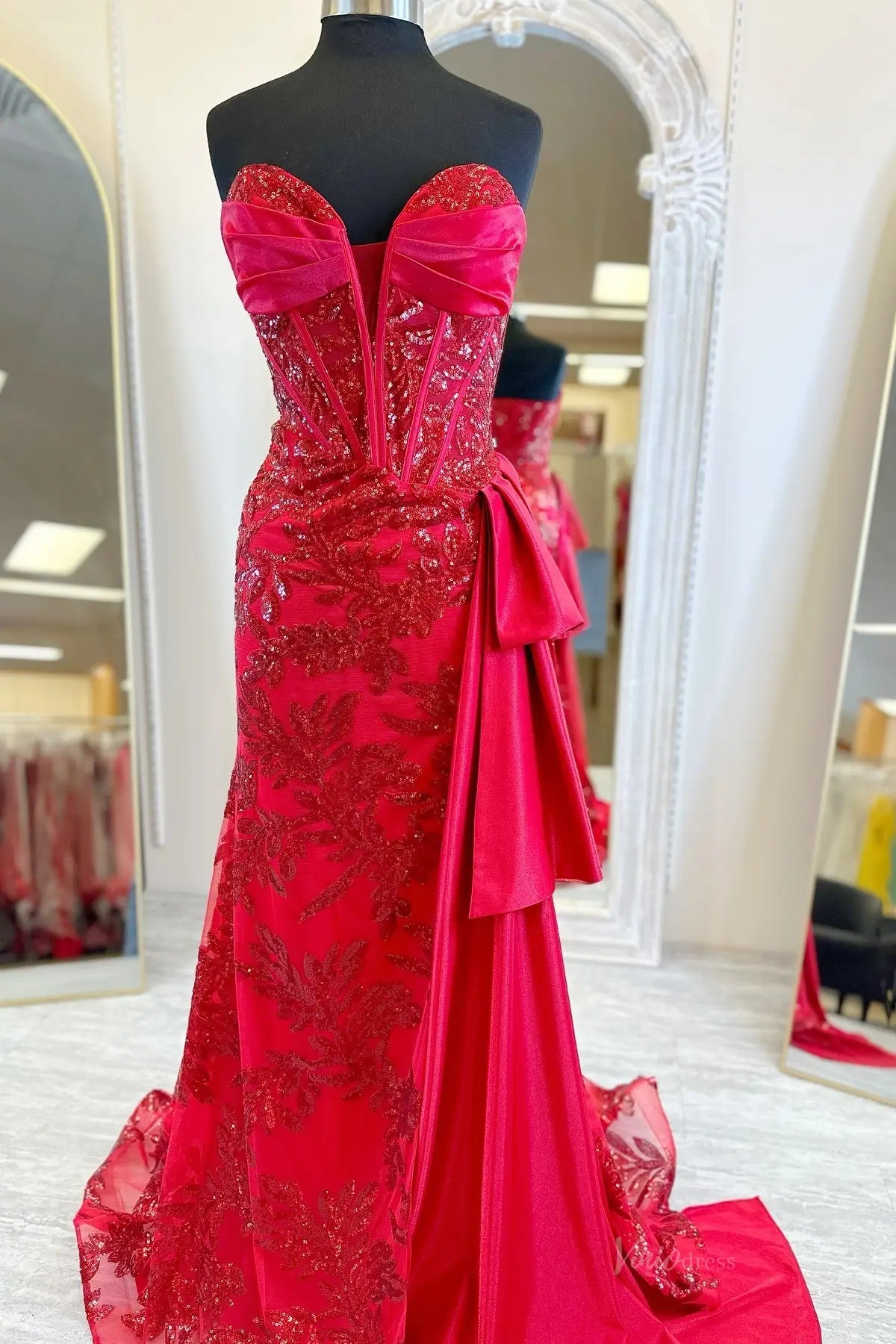 Red Strapless Sequin Lace Prom Dress with Satin Bow – LP049 – Viniodress