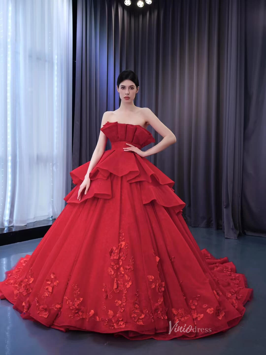 Red Strapless Sweet 16 Ball Gowns Ruffled Wedding Dresses with Flowers – Viniodress