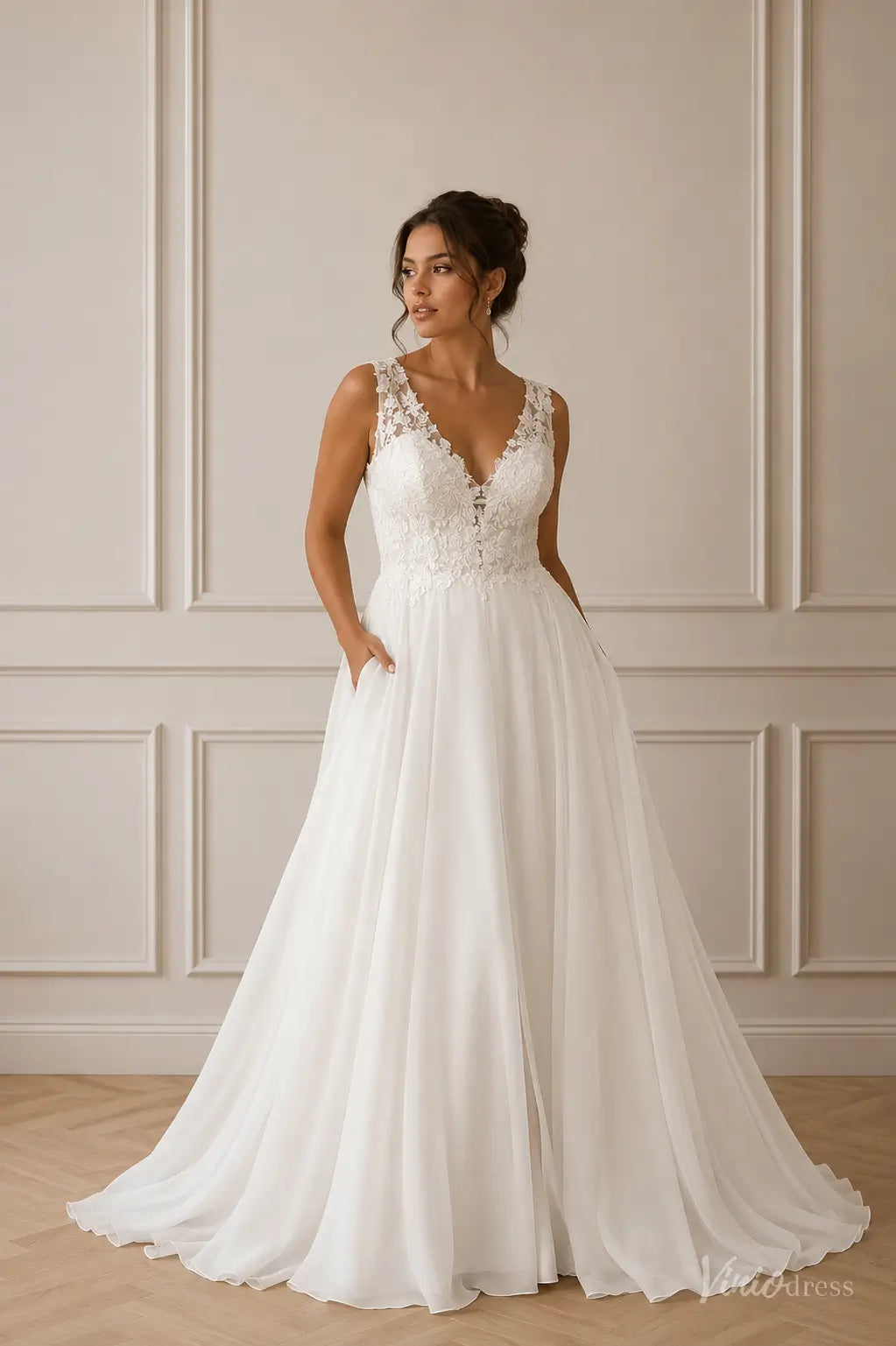 Chiffon A-Line Wedding Dress with Lace Bodice and Pockets