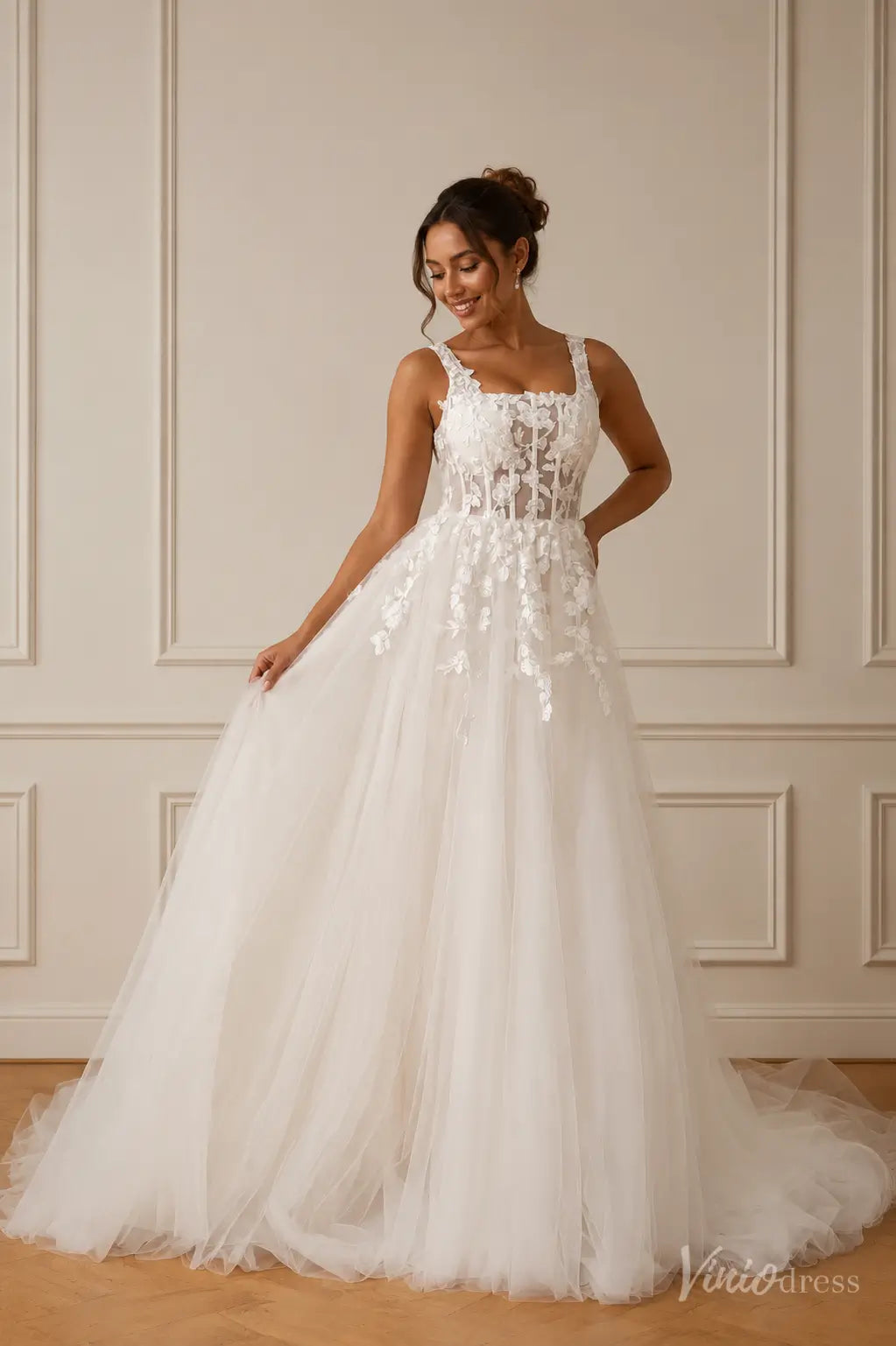 Floral Lace Wedding Dress with Sheer Bodice & Square Neck
