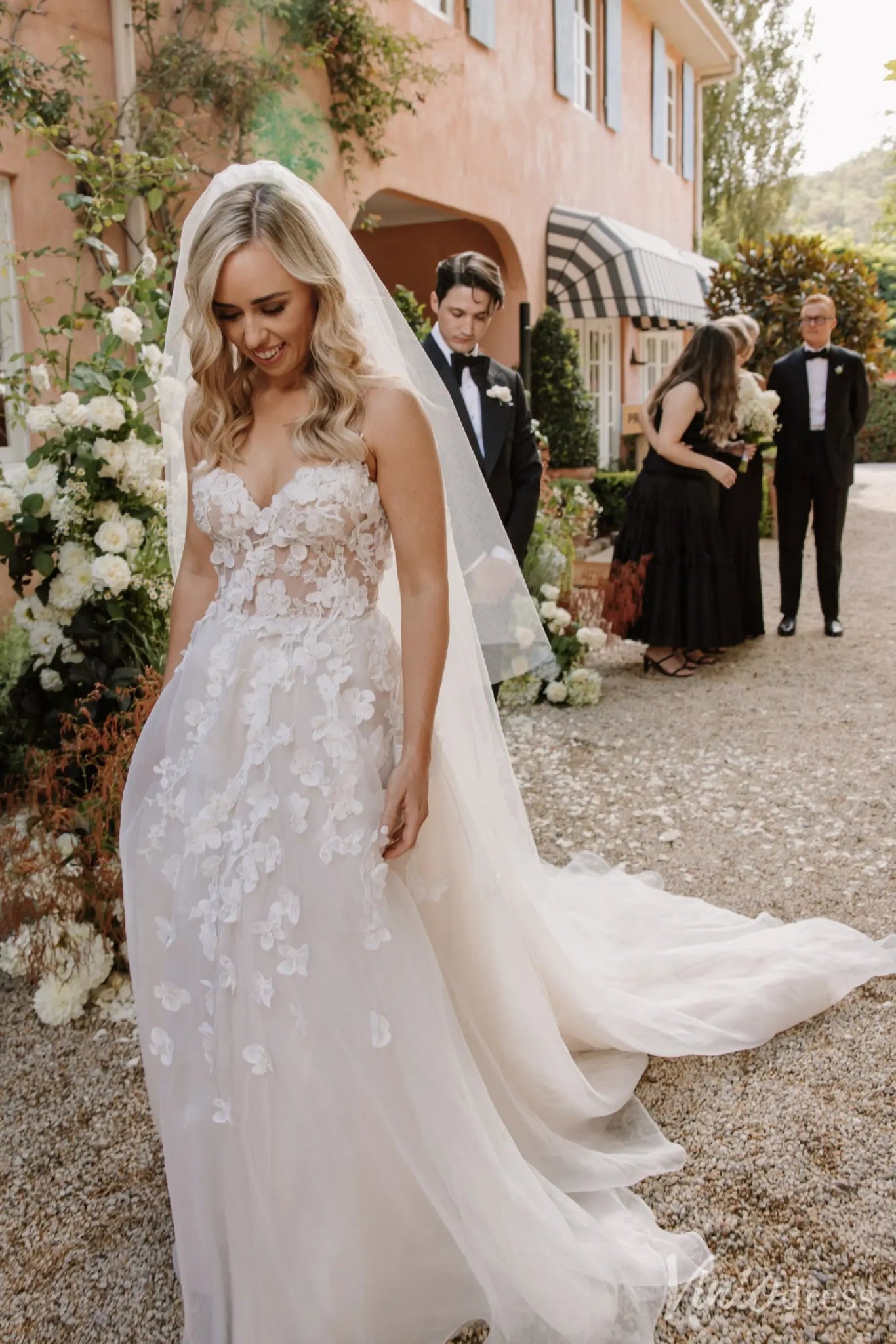 Romantic Floral Lace Wedding Dress with Illusion Bodice & Spaghetti St – Viniodress