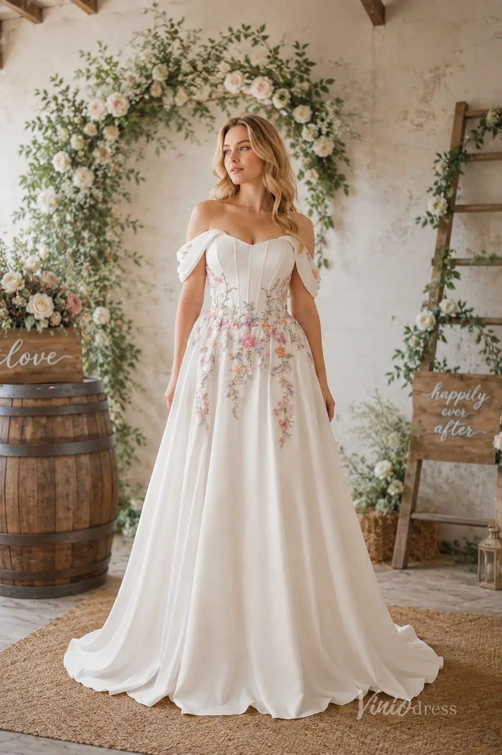 Ivory Beaded Wedding Dress with Off-Shoulder Sleeves