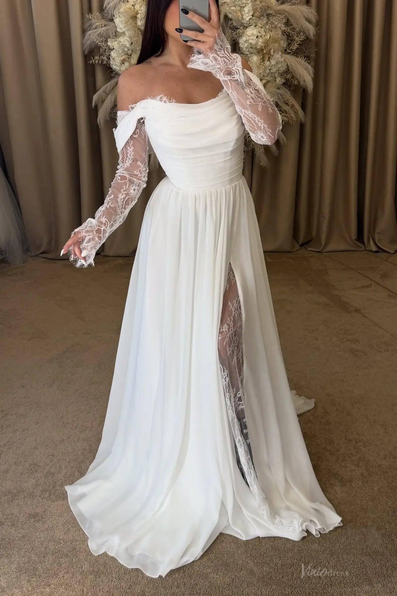 Ivory Off-the-Shoulder Wedding Dress with Lace Sleeves – MS155 – Viniodress