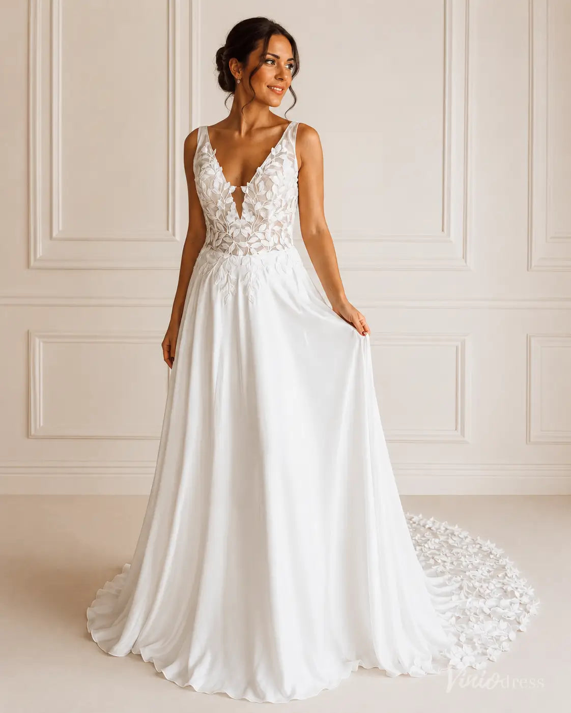 Plunging V-Neck Leaf Appliqué Chiffon Wedding Dress with Train