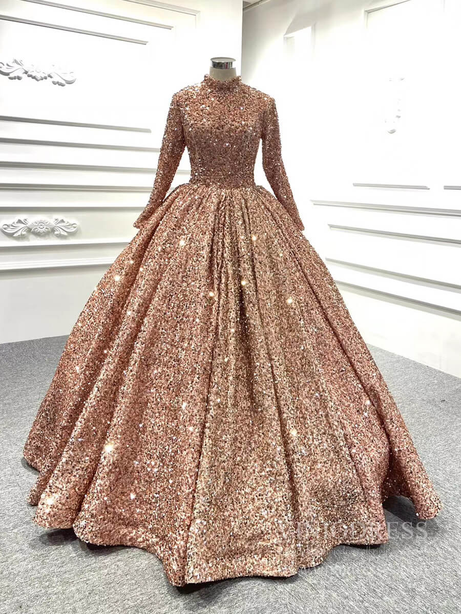 Rose Gold Prom Ball Gown with Long Sleeve High Neck 67098 – Viniodress