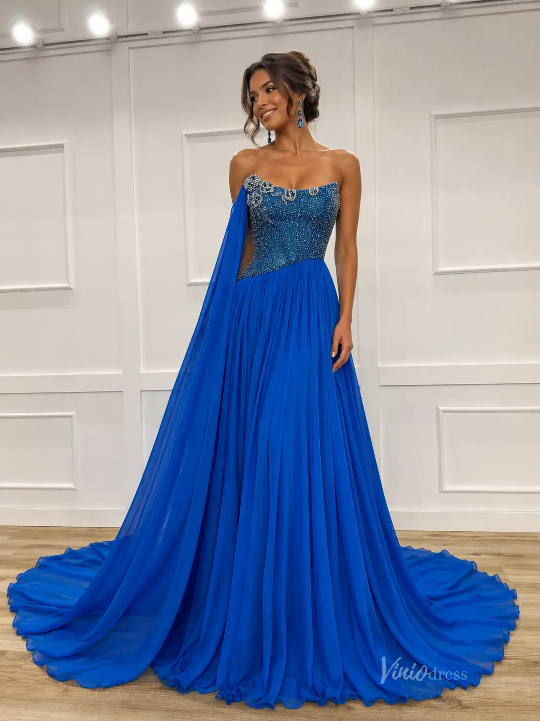 chiffon pageant dresses Royal Blue Off Shoulder Dress with Beaded Bodice, Pleated Skirt & Cape Sleeve – PG024 Color:Golden Champagne GL-10.08.25 abyoxi Women's Light Blue Evening gown size long formal dresses