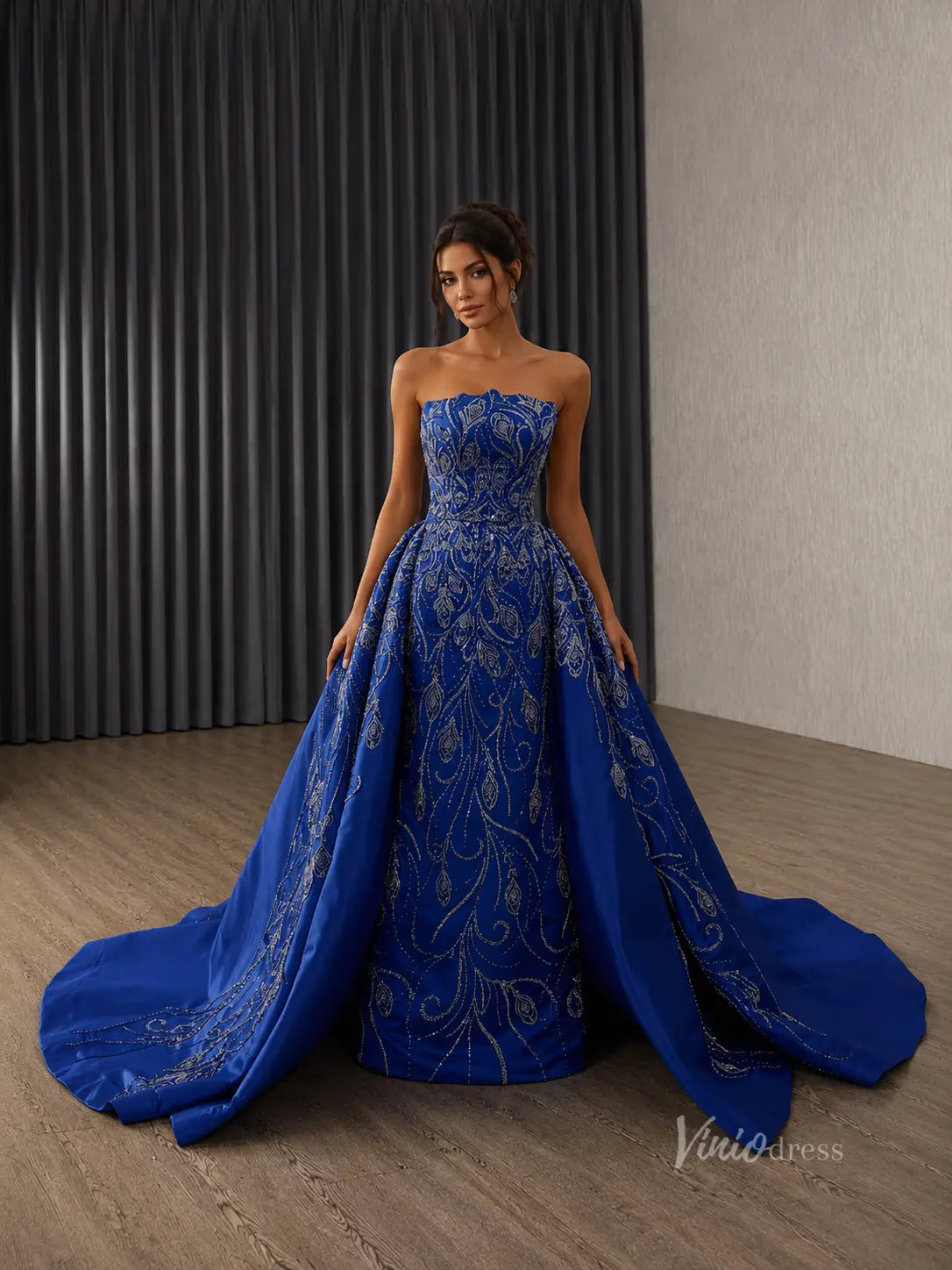 Royal Blue Ornate Beaded Wedding Dress with Overskirt – 251141 – Viniodress