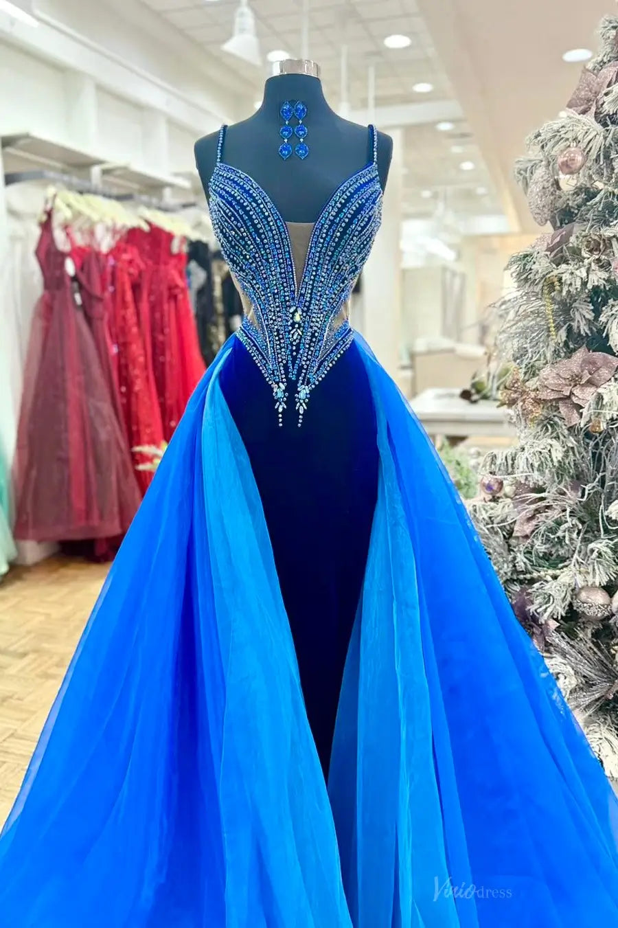 Royal Blue Rhinestone Plunge Velvet Prom Dress with Organza Overskirt – SK006 – Viniodress