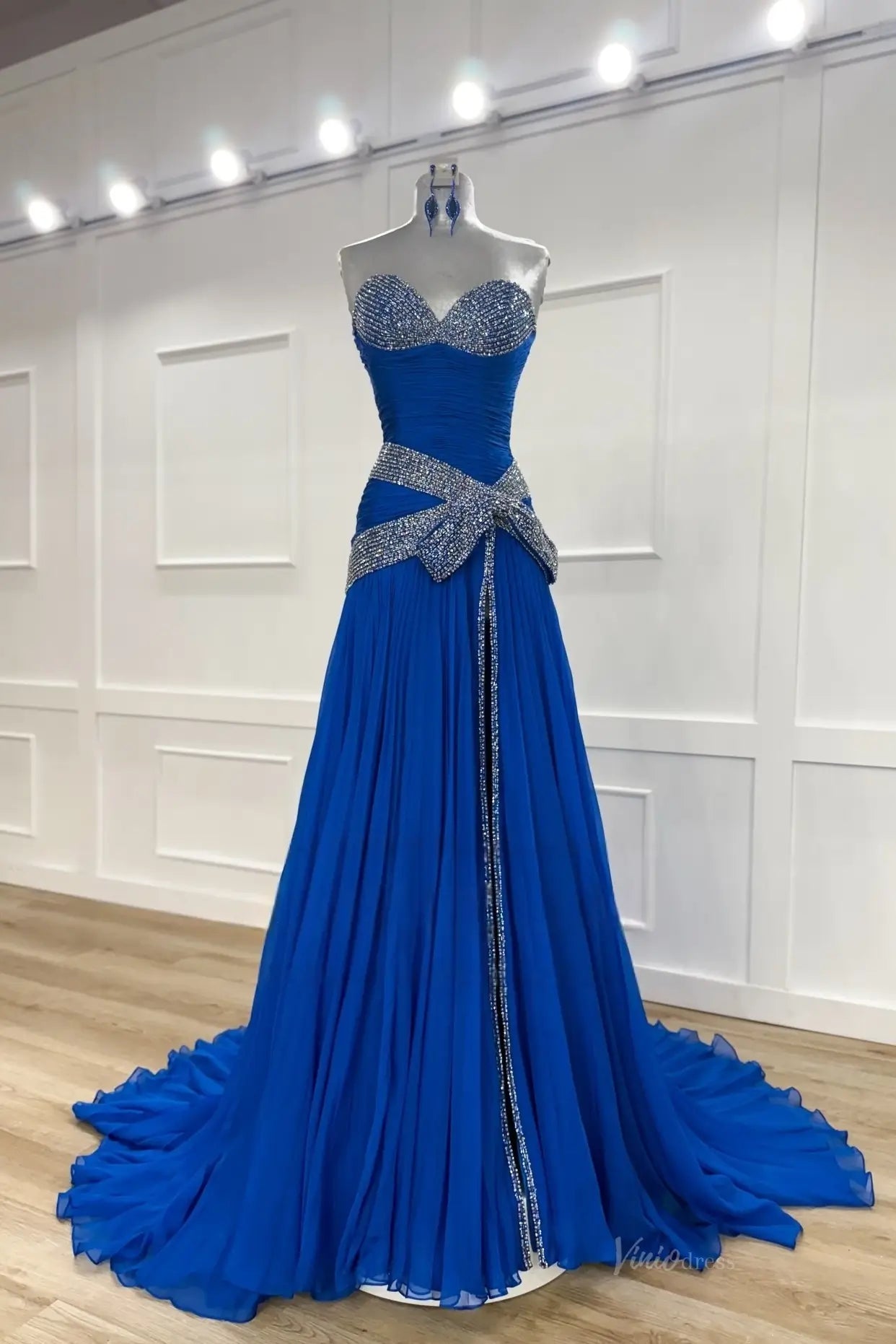 Royal Blue Ruched Chiffon Pageant Gown with Crystal Bow – PG023 – Viniodress